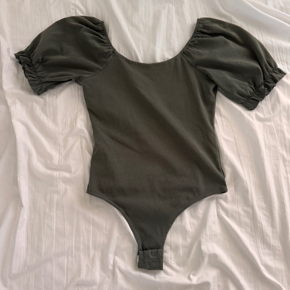Olive Green Puff Sleeve Bodysuit